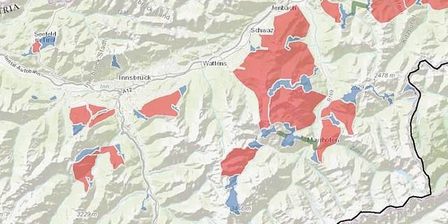 Durch TSSP 2018 erschließbaren Räume (rot), aktuelle Skigebietsgrenzen (blau). Quelle: Österreichischer Alpenverein