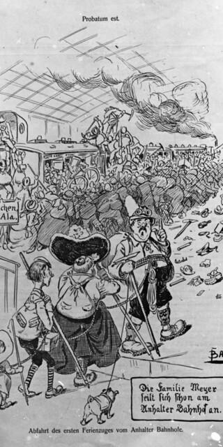 "Abfahrt des ersten Ferienzuges vom Anhalter Bahnhof". Karikatur von Johann Bahr um 1920. Foto: Archiv des DAV, München