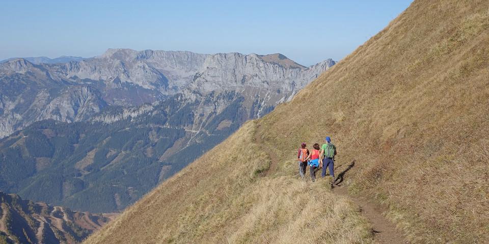 Links unten der Erzberg: Luftige Querung durch die steilen Grashänge hinter dem Rösselhals am Reichenstein. Foto: Axel Klemmer