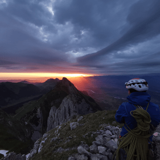 Bergsteiger*in blickt zum Sonnenaufgang in den Alpen. Foto: JDAV Karlsruhe/ Marcel Habrik