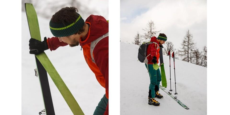 Für den Anstieg werden die Ski aufgefellt (li.), vor der Abfahrt abgefellt (re.). Foto: DAV/Marco Kost