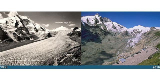 Bildvergleich der Gletscherstände: Pasterze um 1938 und 2016. Quelle: GöF