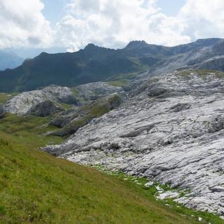 Karst grenzt an satte Wiesen: geologischer Bruch auf dem Sulzfluhplateau. Foto: Ute Watzl