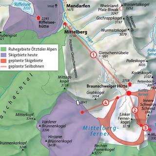 Übersicht über das Erschließungsvorhaben auf den Gletscherflächen zwischen Pitztaler Gletscherskigebiet und dem Skigebiet Sölden/Rettenbachferner.