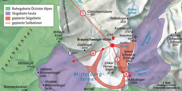 Übersicht über die geplante Erschließung zwischen Pitztaler Gletscher und Skigebiet Sölden