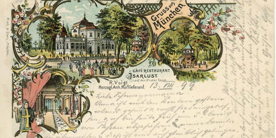 Café-Restaurant Isarlust Werbepostkarte von 1899. Foto: Archiv des DAV, München