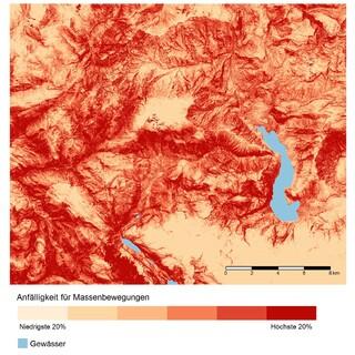 Karte der Anfälligkeit für Massenbewegungen. Quelle: Fachbereich Geoinformatik – Z_GIS, Universität Salzburg