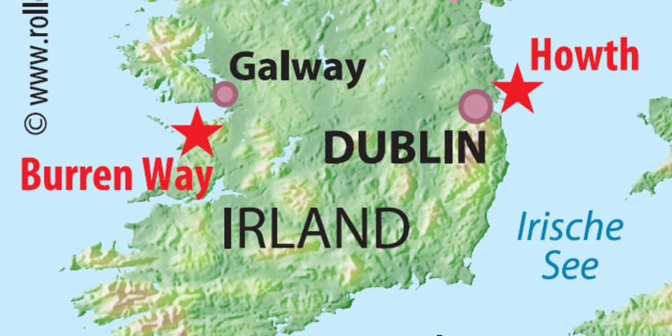 Zwei Wandermöglichkeiten in Irland - der Burren Way im Westen und die Halbinsel Howth östlich von Dublin. Karte: rolle-kartografie.de