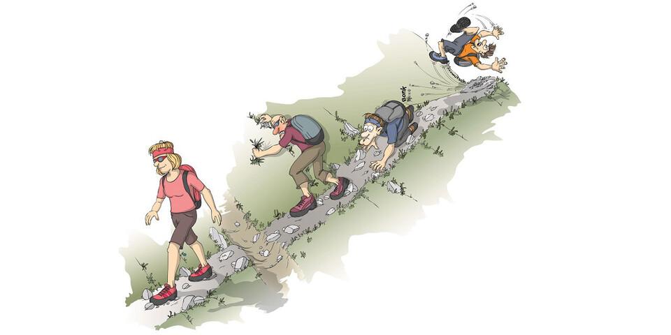 Wandern ist vielleicht die einfachste Disziplin im Bergsport – aber beileibe nicht banal. Wer souverän geht, hat mehr Freude unterwegs. Illustration: Georg Sojer
