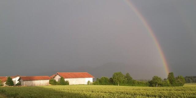 Dunkle Wolken und Regenbogen in den Voralpen, Foto: Britta Zwiehoff