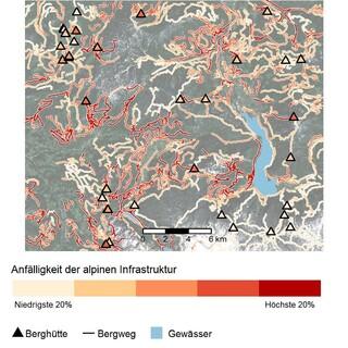 Wege und Hütten klassifiziert nach der Anfälligkeit für Massenbewegungen. Quelle: Fachbereich Geoinformatik – Z_GIS, Universität Salzburg