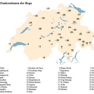 Funkstationen der REGA in der Schweiz.   Quelle: www.rega.ch