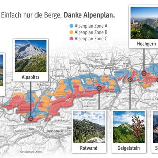 Acht prominente Bergbeispiele – hier schützt der Alpenplan vor Erschließung durch Seilbahnen und Lifte.