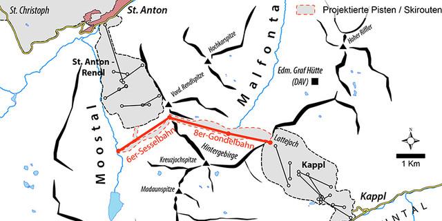 Der geplante Zusammenschluss zwischen St. Anton (Rendl) mit Kappl im Paznauntal