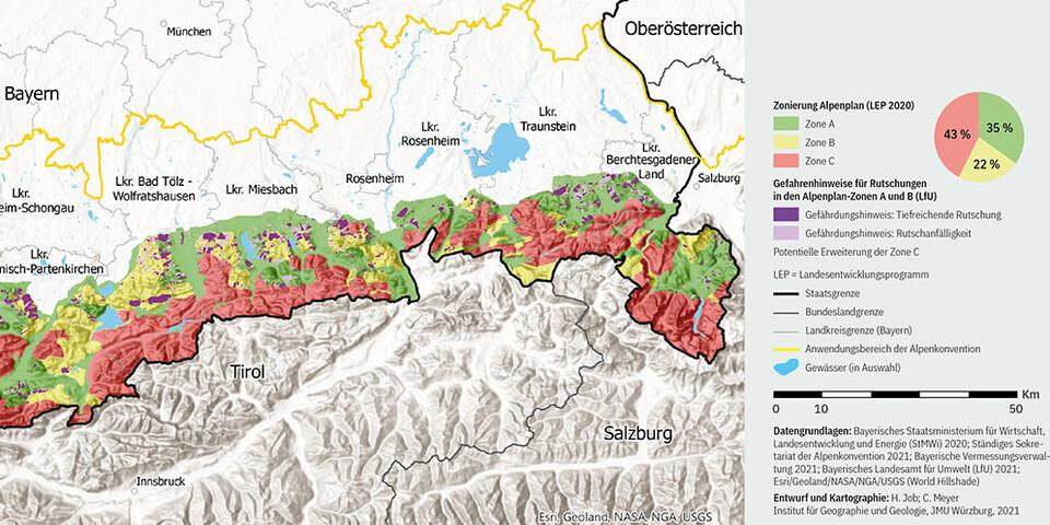 In Rot ist die Ruhezone zu sehen, dort gilt im Alpenplan Schutz vor Nutzung. Rutschungsgefährdete Flächen in Lila liegen u.a. an den siedlungsnahen Hängen am Tegernsee/Schliersee, im Oberallgäu und im Raum Garmisch. Dort müsste die Ruhezone wachsen. 